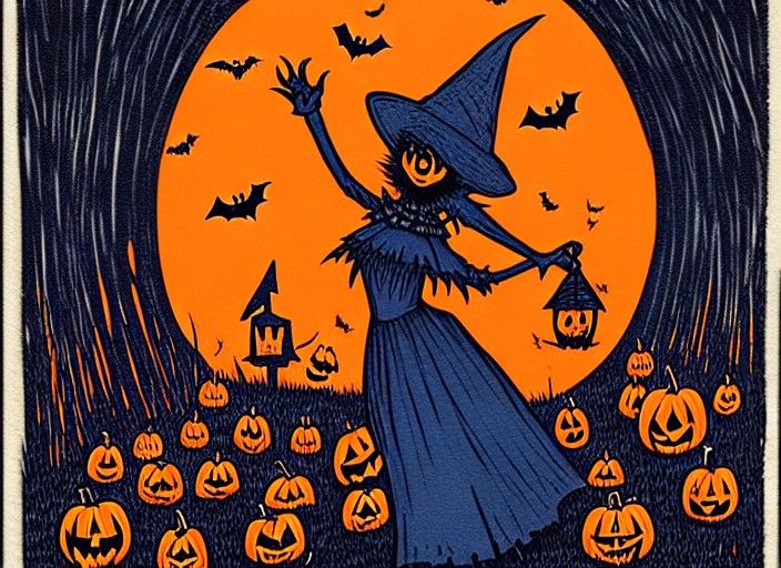 cartoon halloween witch in graveyard