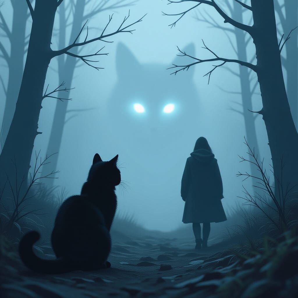 Mysterious Cat Guides Traveler Through Ethereal Fog
