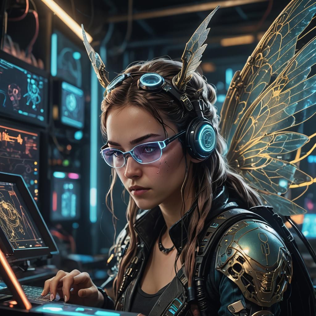 Cyberpunk Fairy Operates 3D Printer with Glowing Diagram