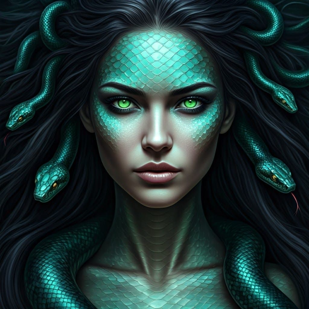 Mystical Snake Woman Transformation in Bioluminescent Style