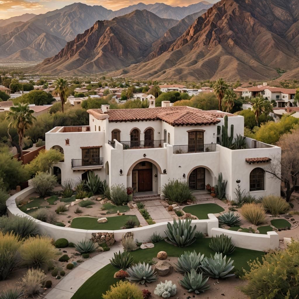 Spanish Mission Home at Sunset in California