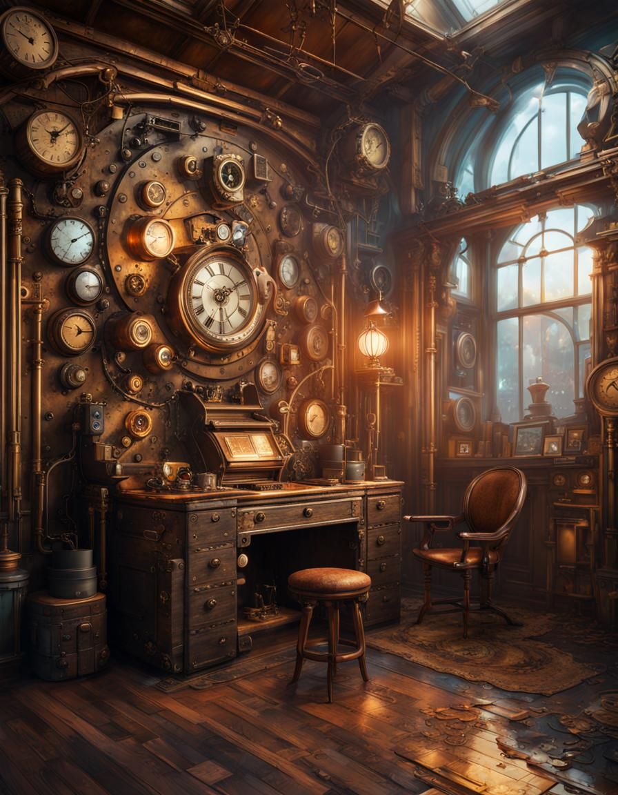 Steampunk Room Diorama in Hyperrealistic Splash Art