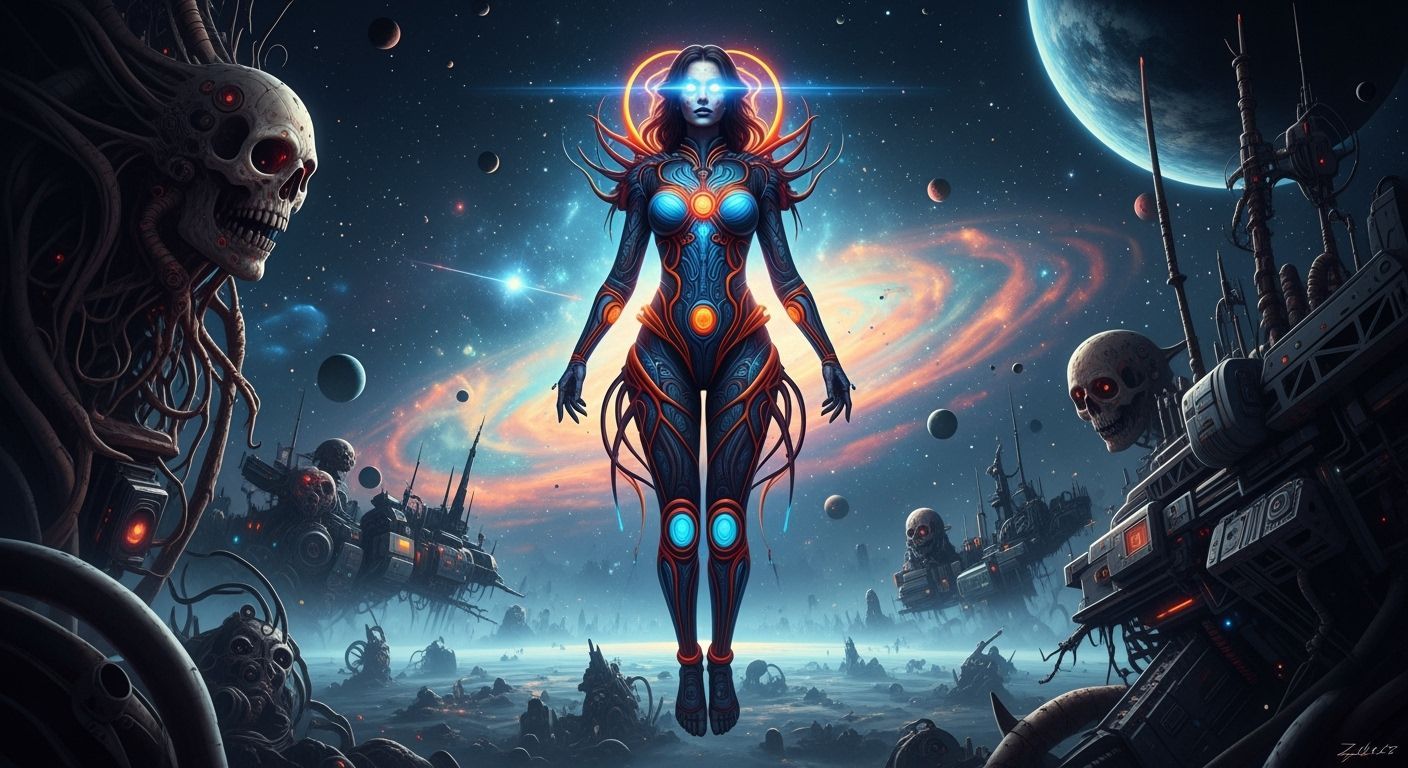 Cosmic Woman in Retro-Futuristic Biomechanical Dreamscape