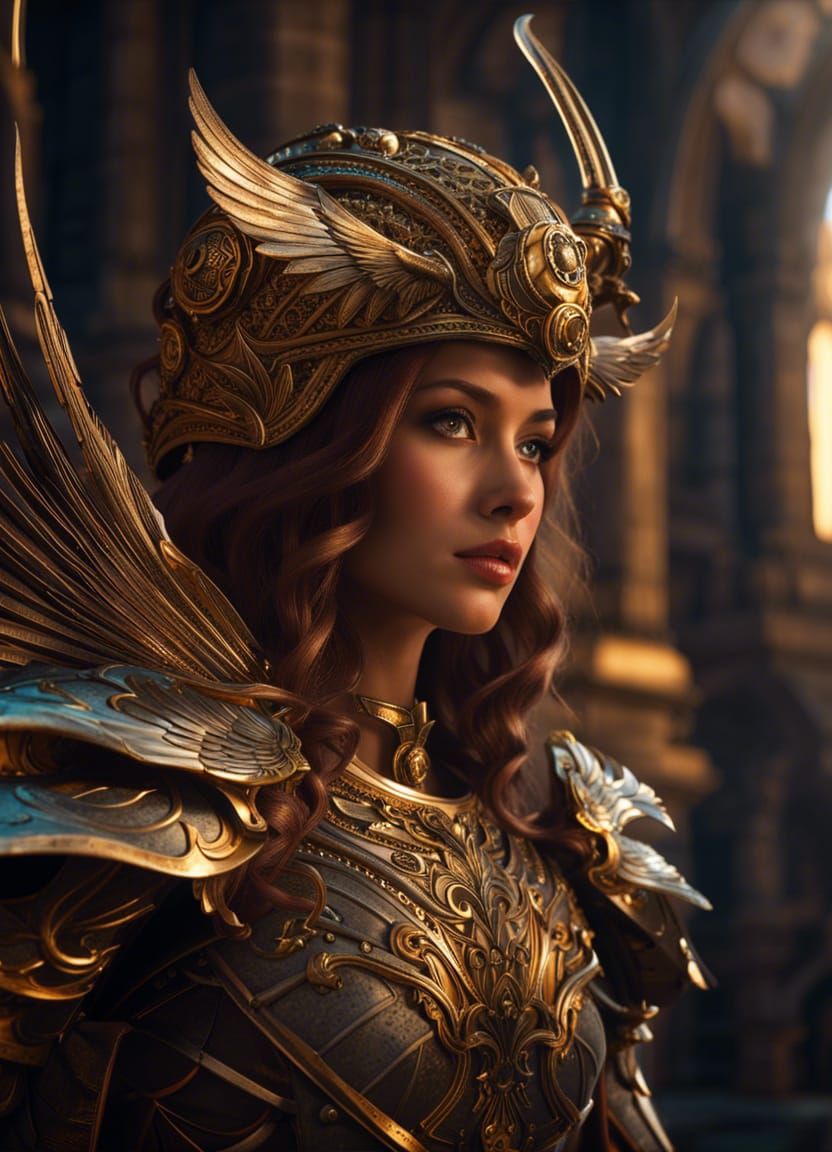 Clockwork Angel in Golden Armor with Mechanical Wings