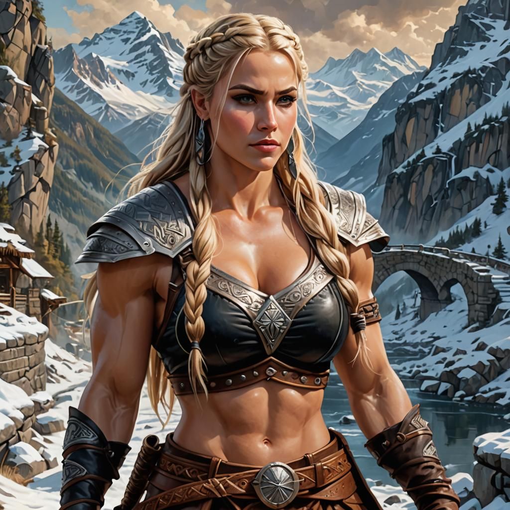 Fierce Barbarian Woman Blocks Stone Bridge