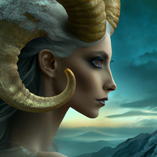 Aries Portrait: Lady with Horns in Digital Painting Style