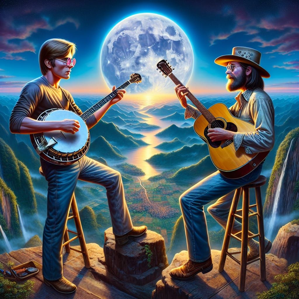 Musicians' Banjo Duel at Moonrise: Hyperrealistic Scene