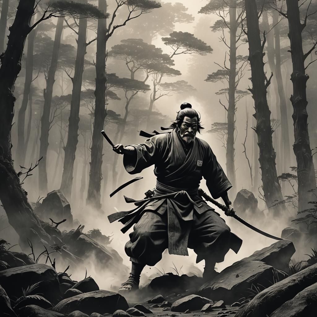 Rakshasa in Ancient Forest: Japanese Ink Wash Art