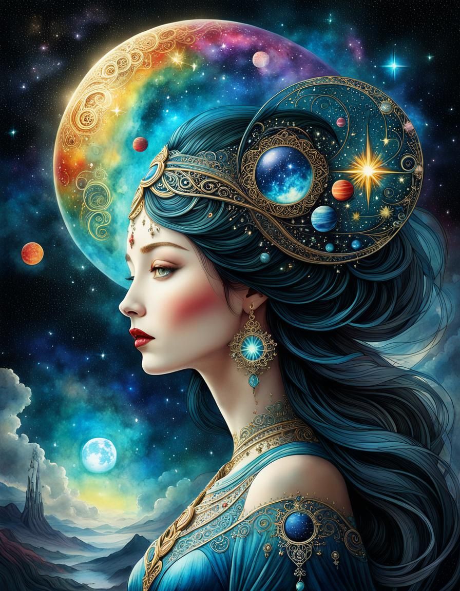 Ira: Sky Goddess Creating Stars in Watercolor