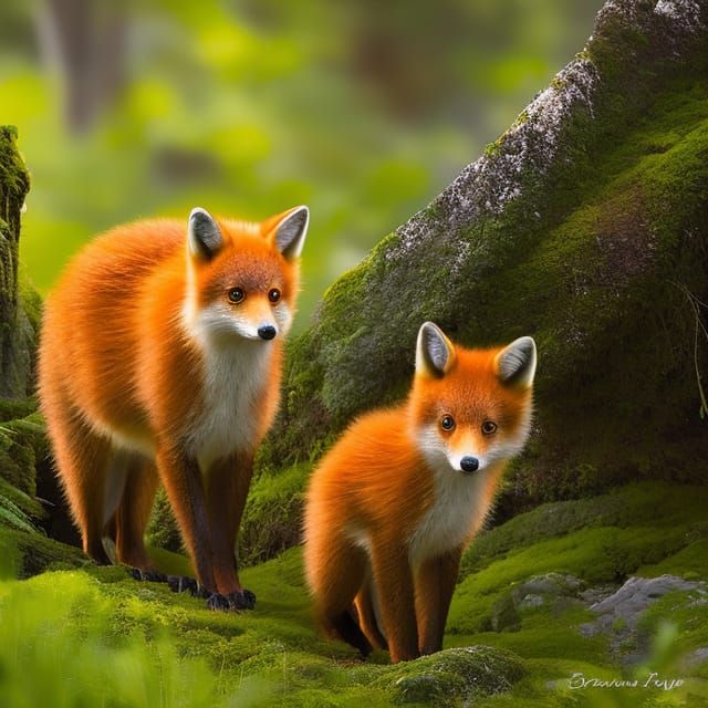 Fox Family in Forest Den: Digital Painting