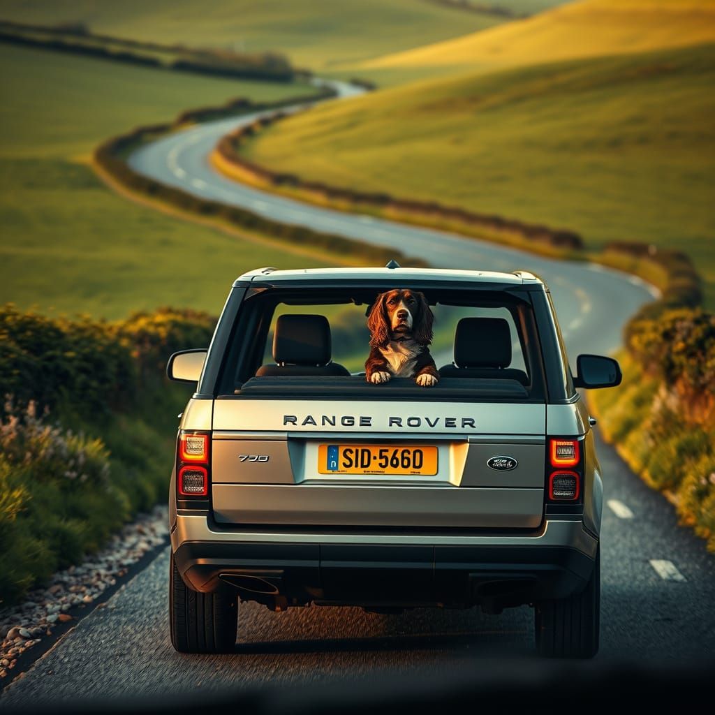 Range Rover and Springer Spaniel on Country Road