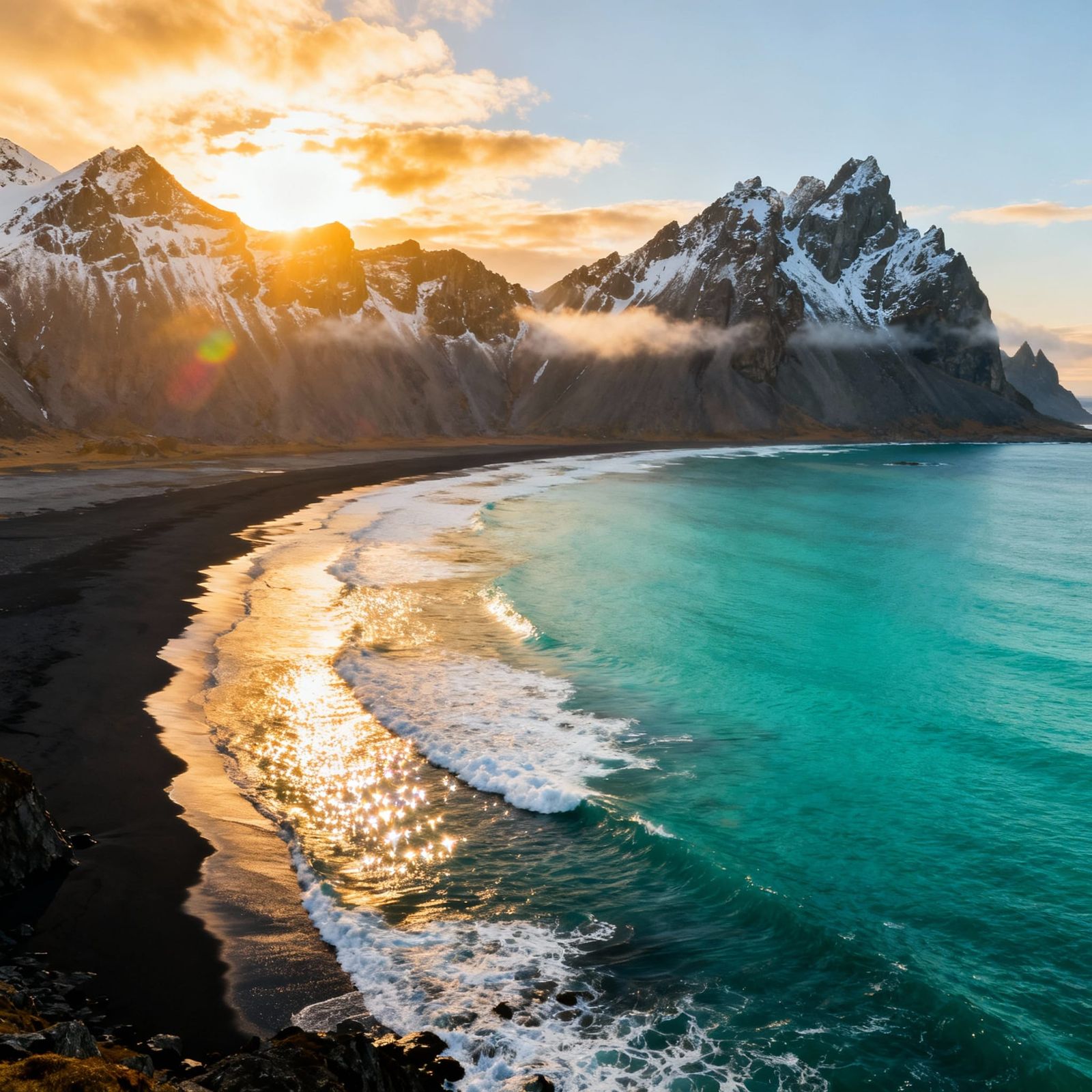 Golden Sunrise Over Turquoise Ocean and Snowy Mountains