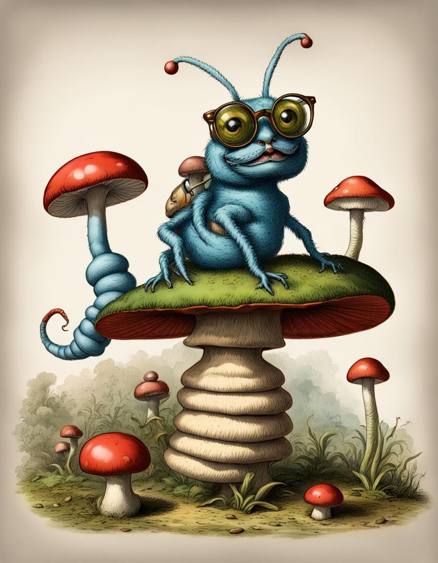 Alice Caterpillar on Mushroom, Tenniel Style 3D