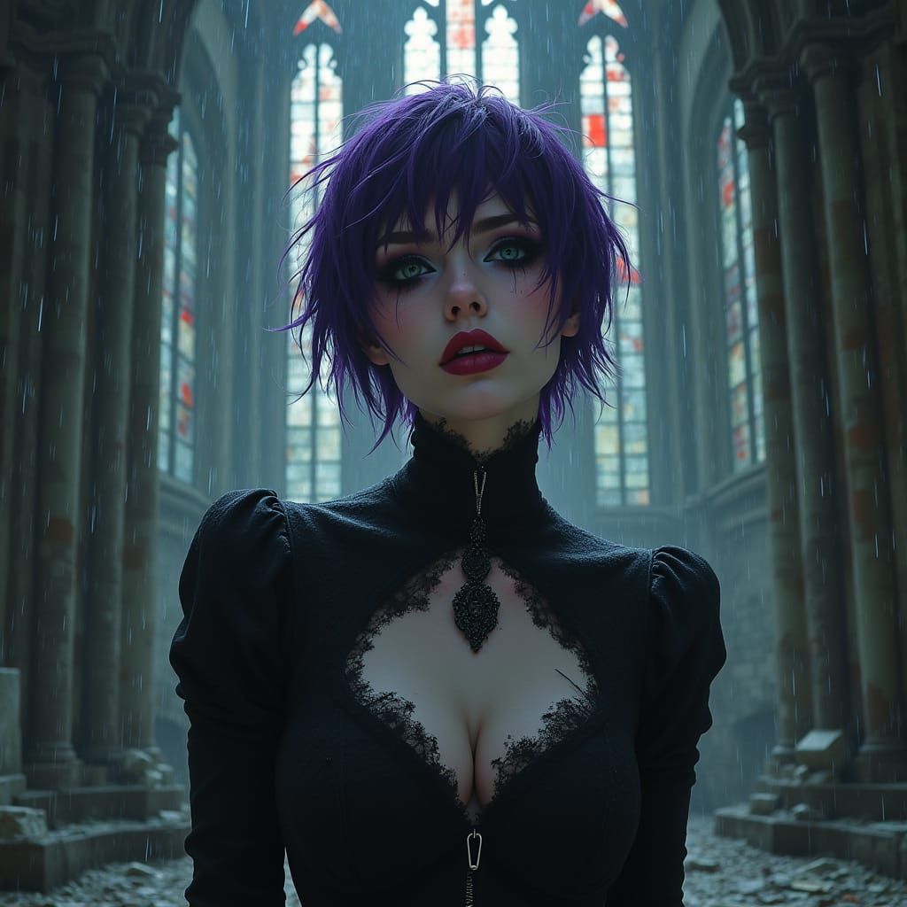 Gothic Woman with Purple Hair in Graphic Novel Style
