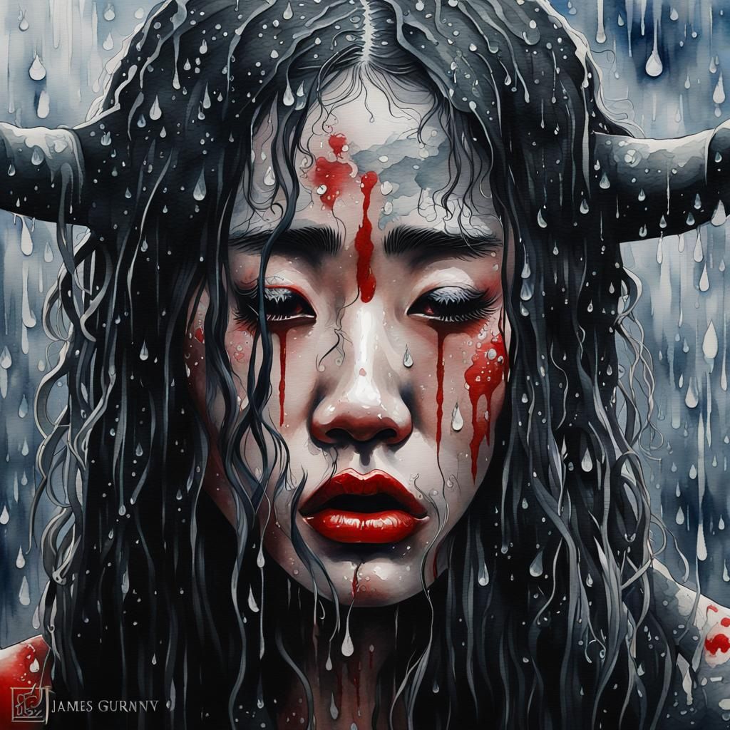 Rainy Watercolour Portrait of a Crying Japanese Woman