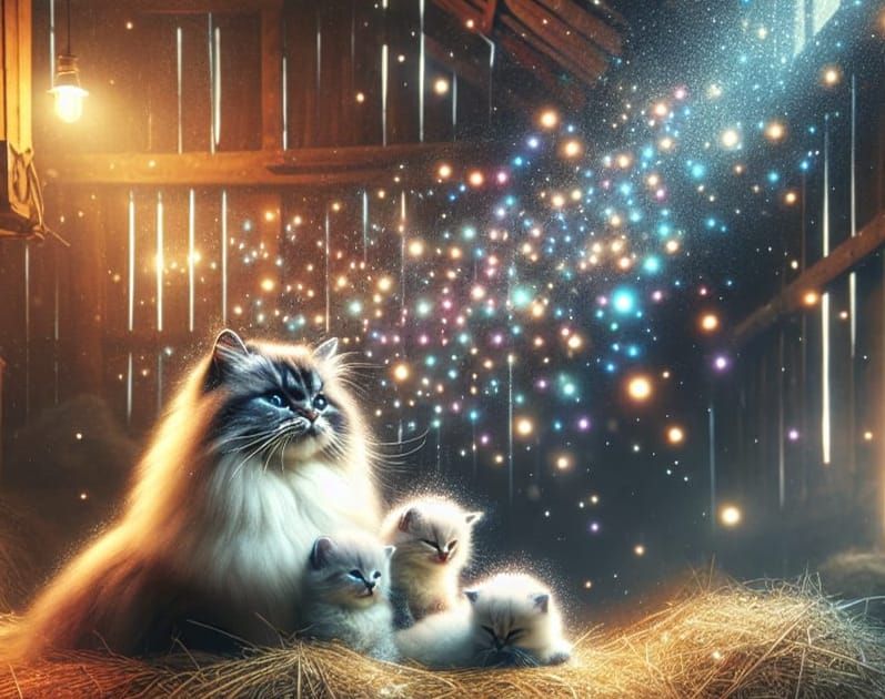 Fluffy Cat and Kittens in Barn with Glowing Lights