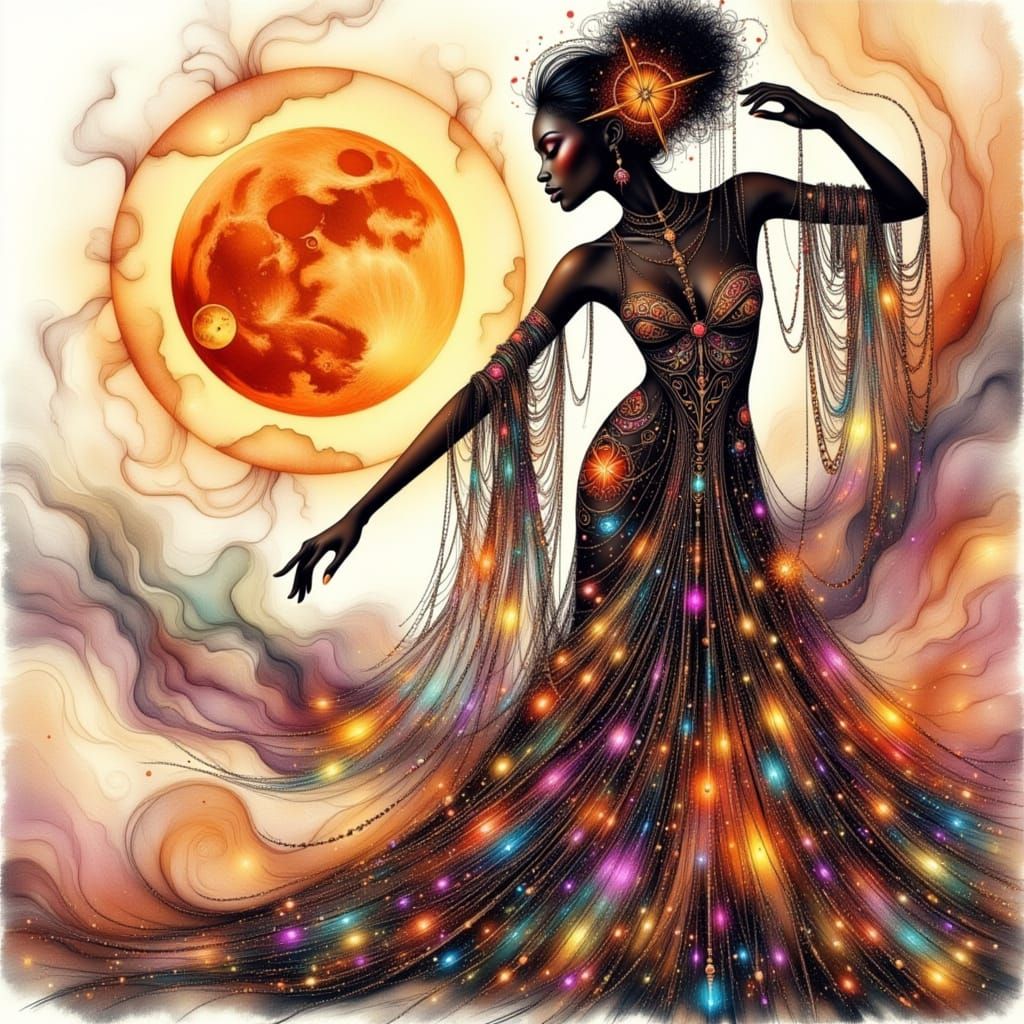 Mystical Woman with Arcane Symbols in Watercolor Style
