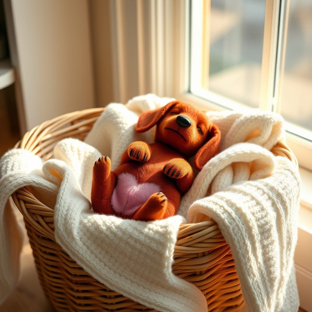 Velvety Red Dachshund in Cozy Laundry Scene