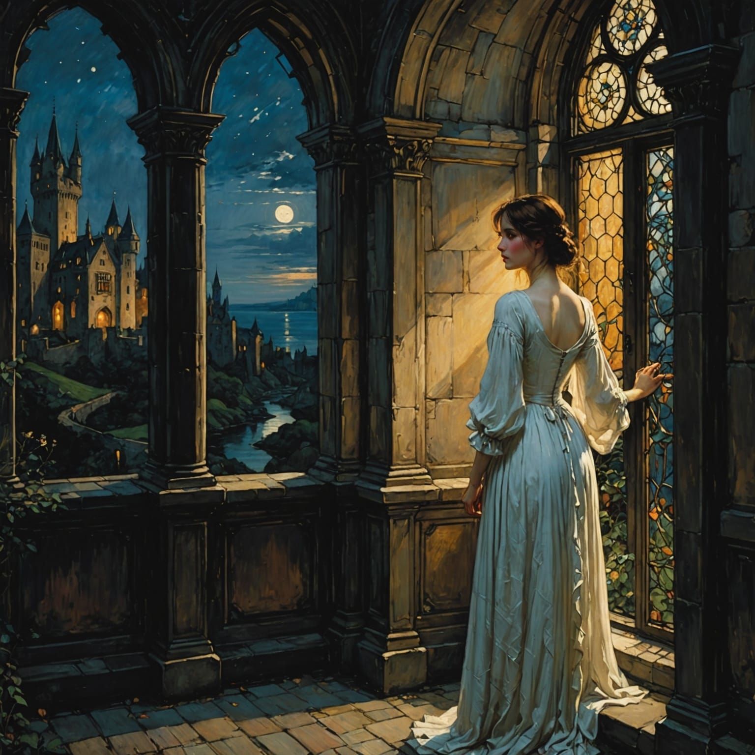 Woman in White Gown Before Gloomy Castle at Night