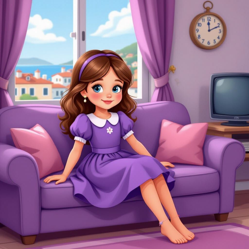 Italian Cartoon Girl Relaxing on Lavender Couch