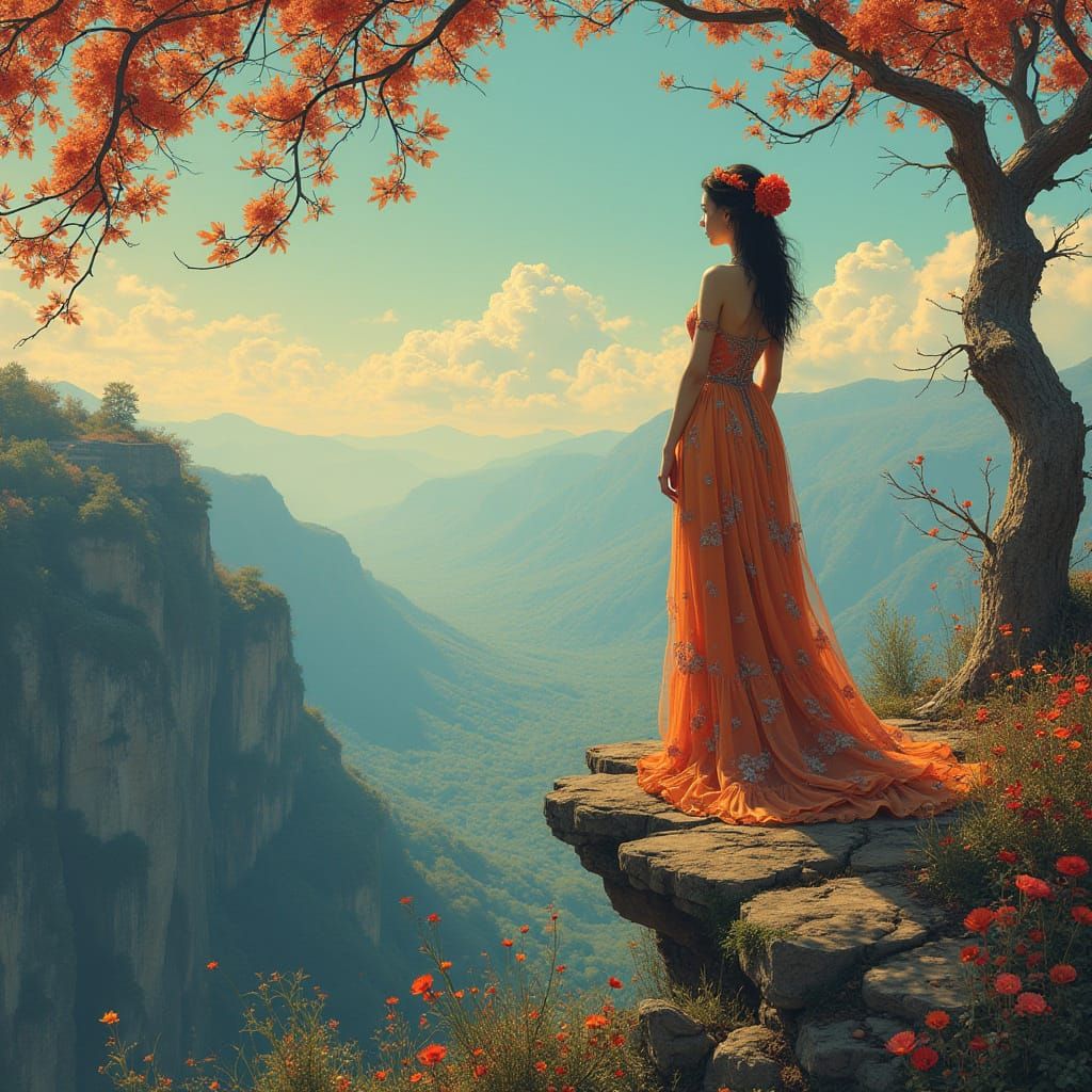 Elegant Figure Overlooking Landscape in Art Nouveau Style