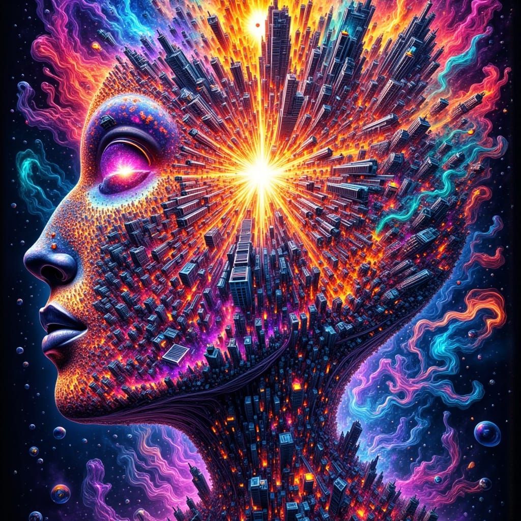 Explosion of Joy in Cyberpunk Stained Glass Style