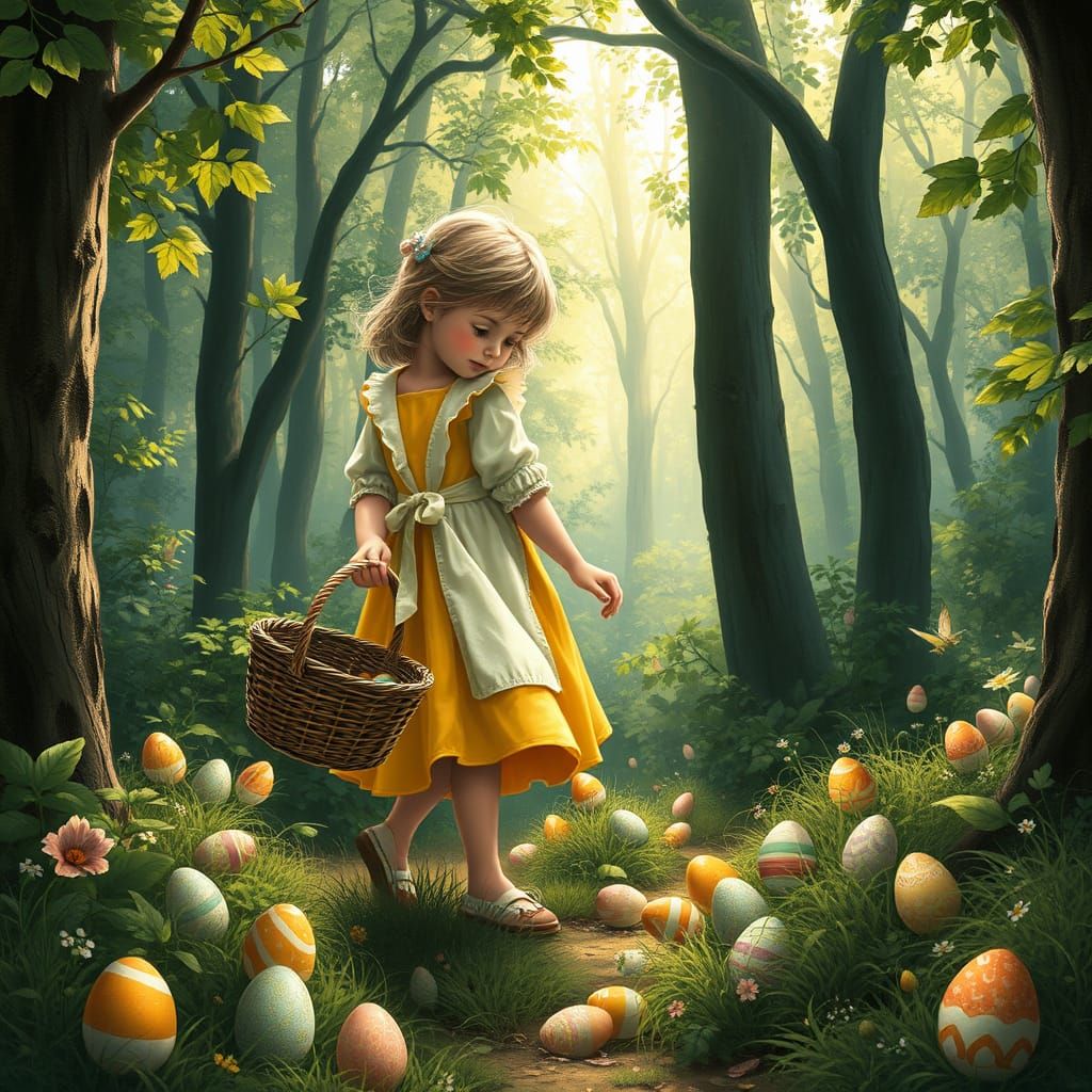 Young Girl Searches for Easter Eggs in Whimsical Forest