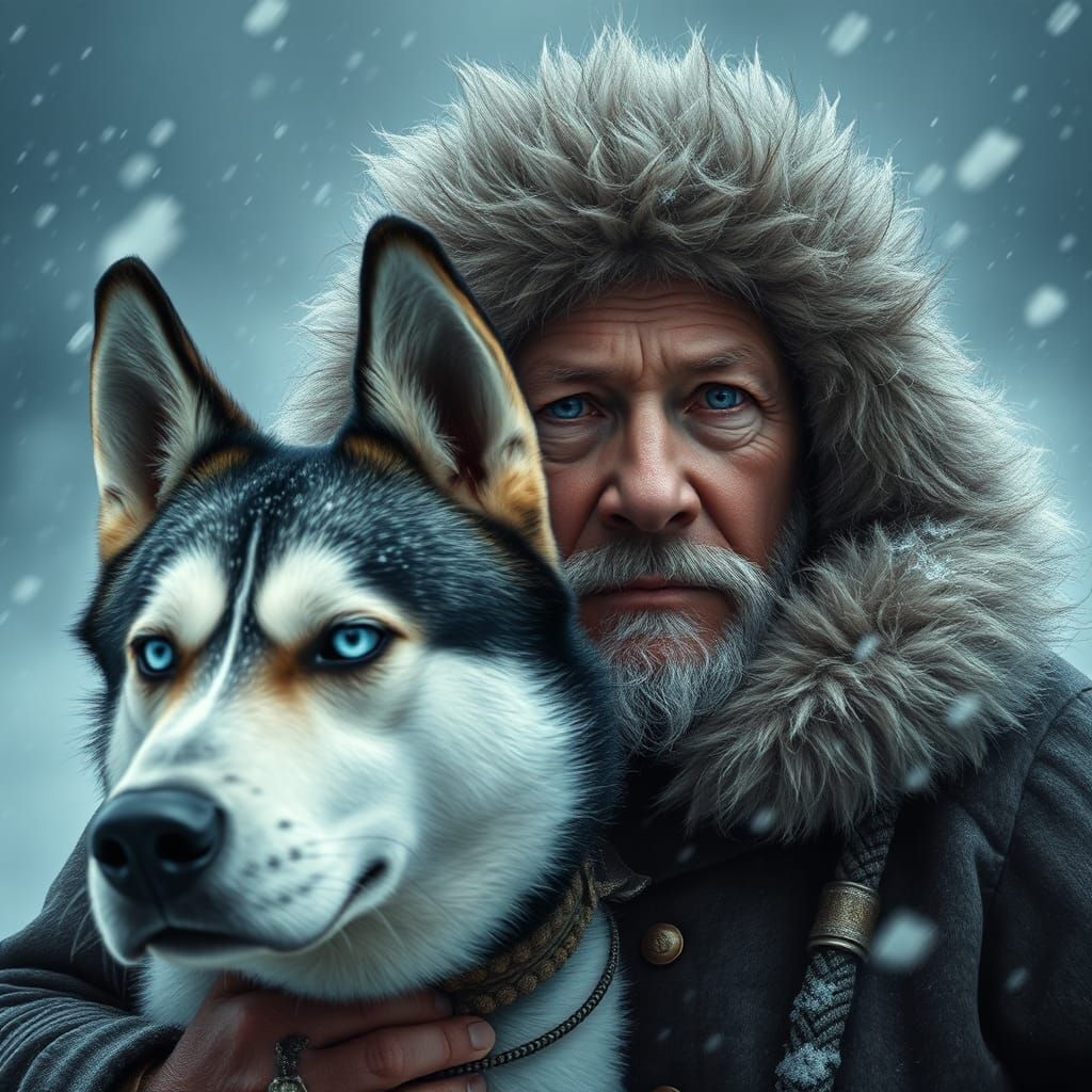 Eskimo Man and Husky in Snowstorm, Digital Art