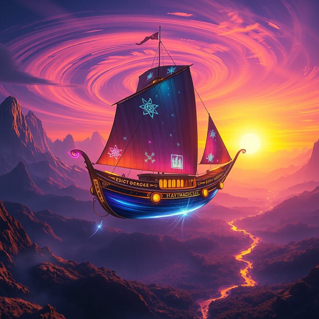 Mystical Vessel Sails through a Dusky Alien World in Cyberpu...