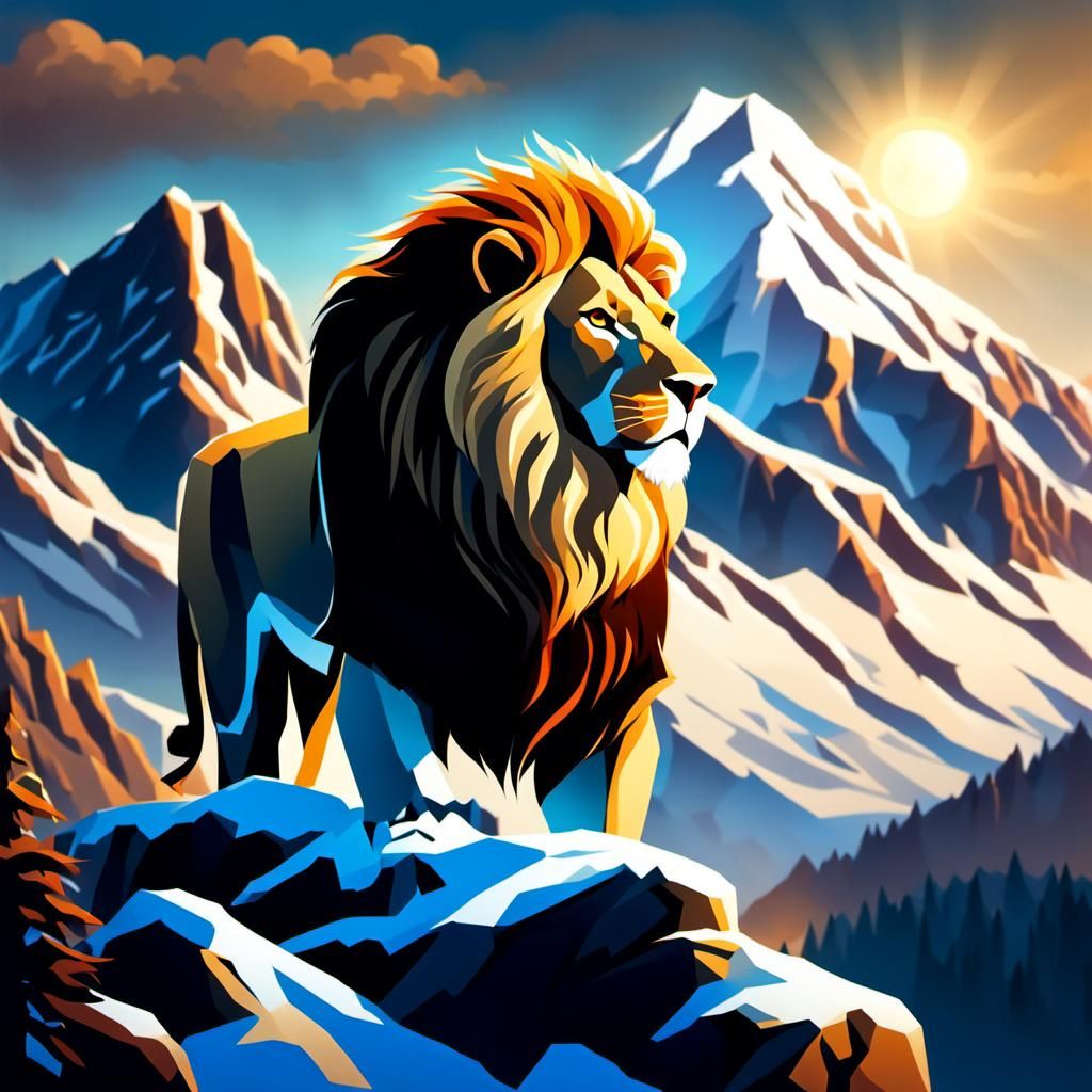 Majestic Lion Overlooking Snow Mountains