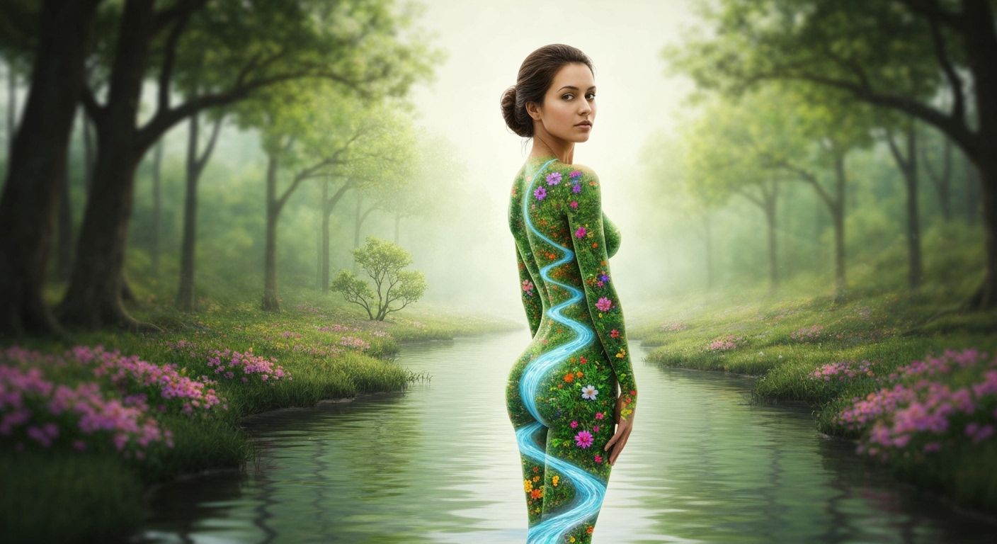 Surreal Woman Merges with Vibrant River Landscape
