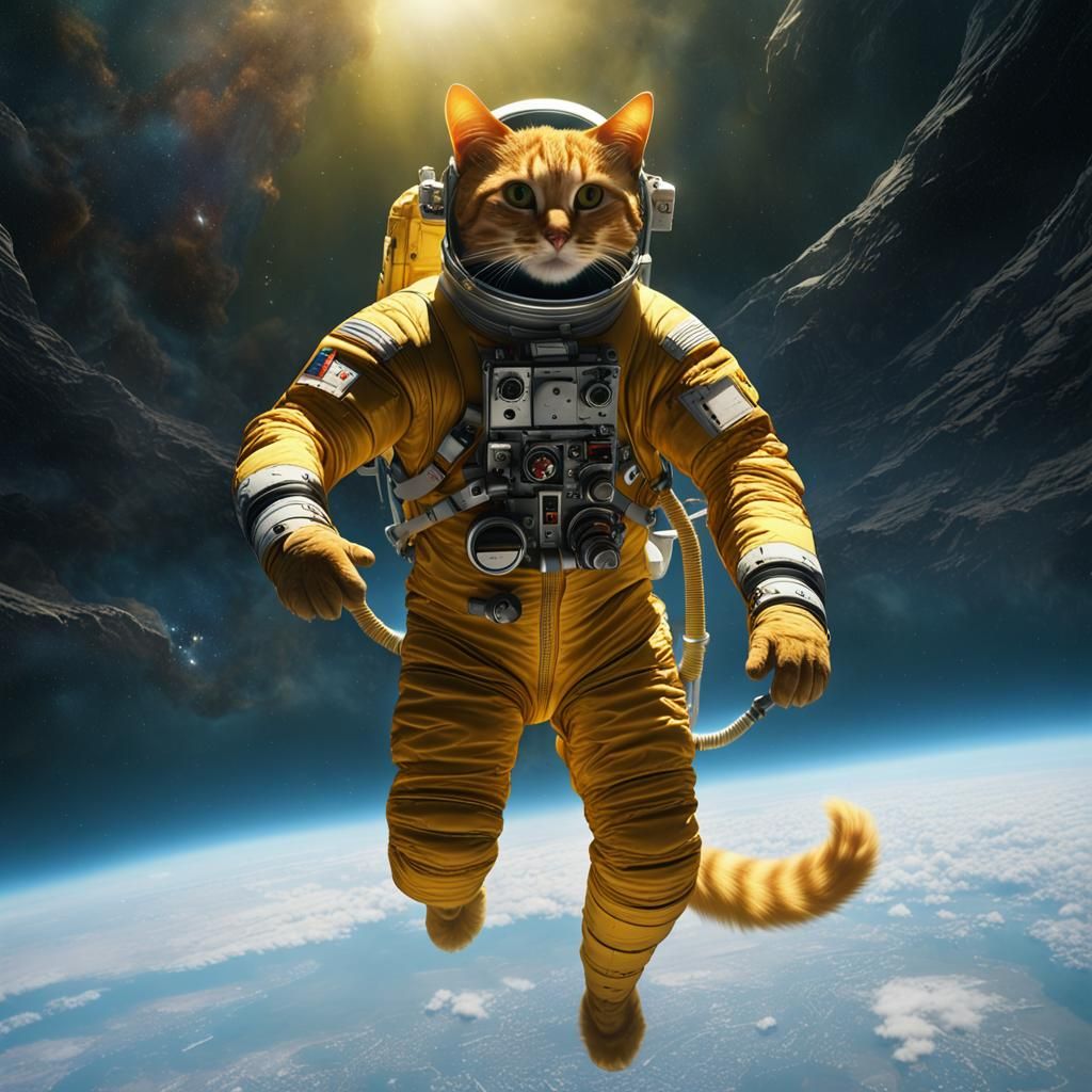 Astronaut Cat Floating in Stratosphere: Hyperdetailed Art