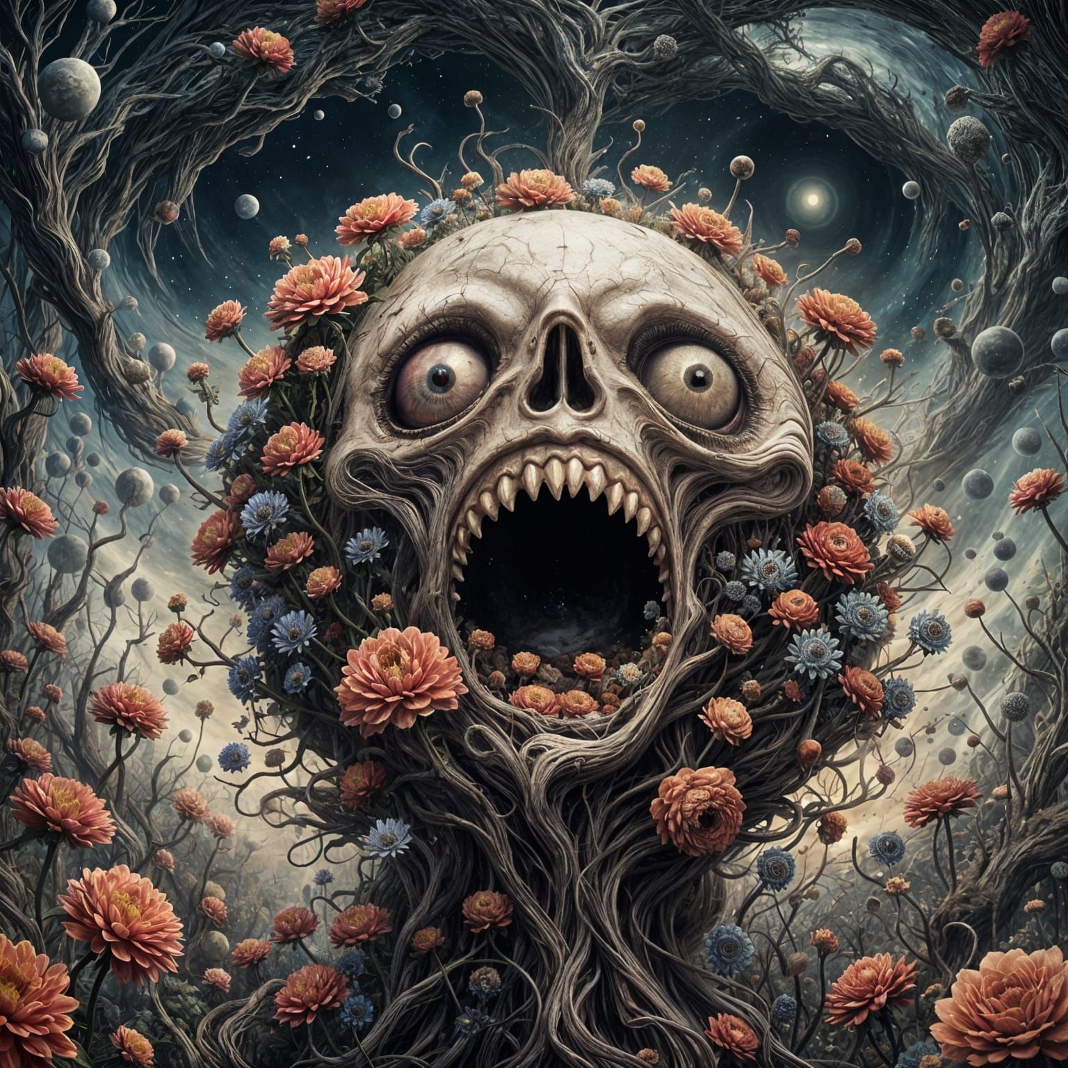 Horror Face Surrounded by Mythical Flowers