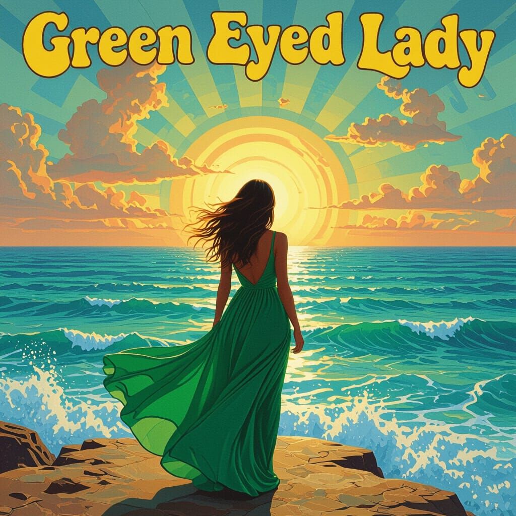 Psychedelic Green Eyed Lady at Dreamlike Ocean Edge