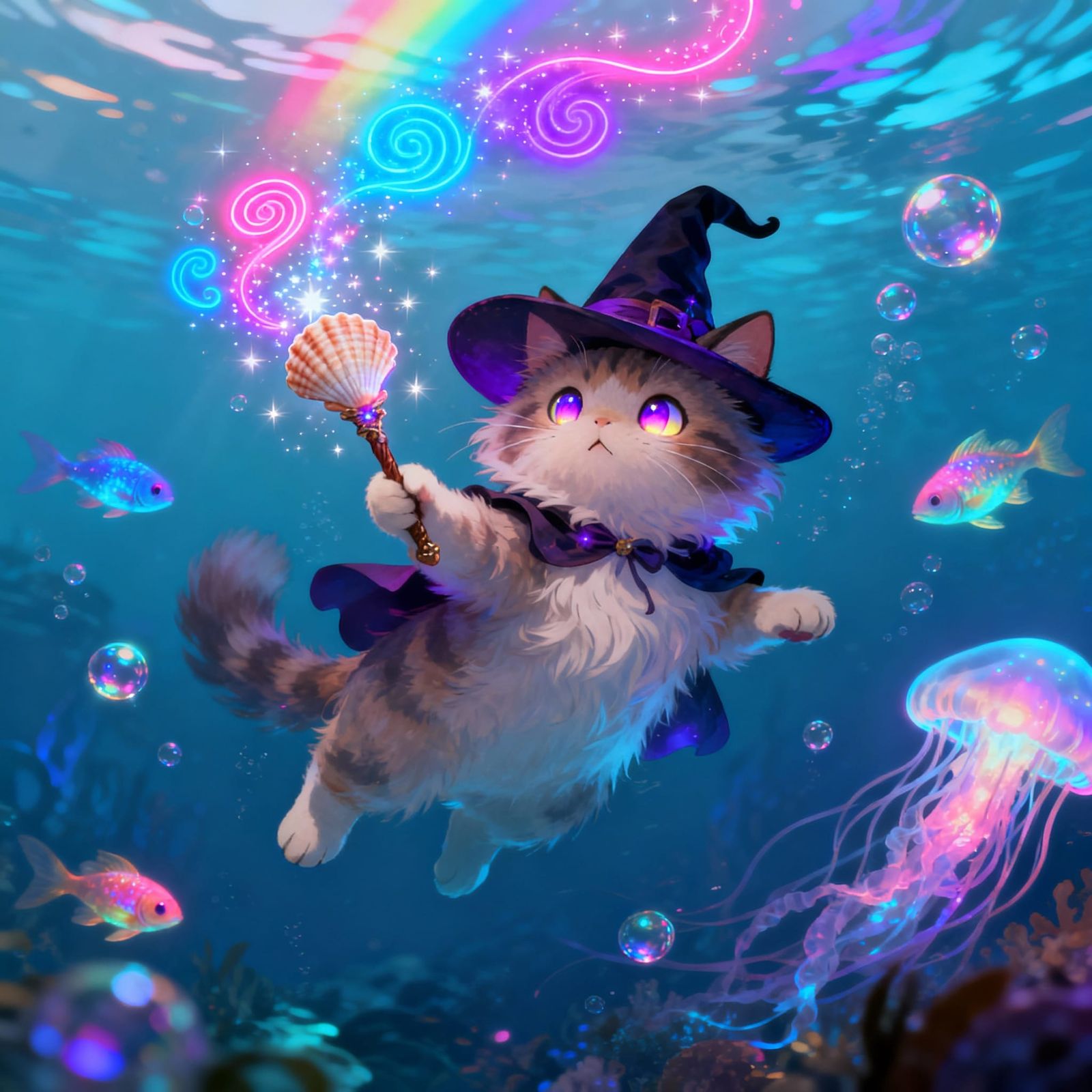 Cute Fluffy Cat Witch Conjures Underwater Spell