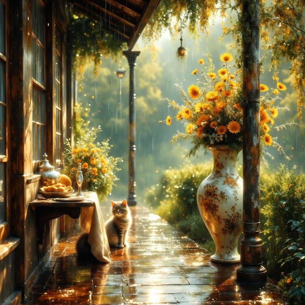 Summer Rain on a Countryside Veranda