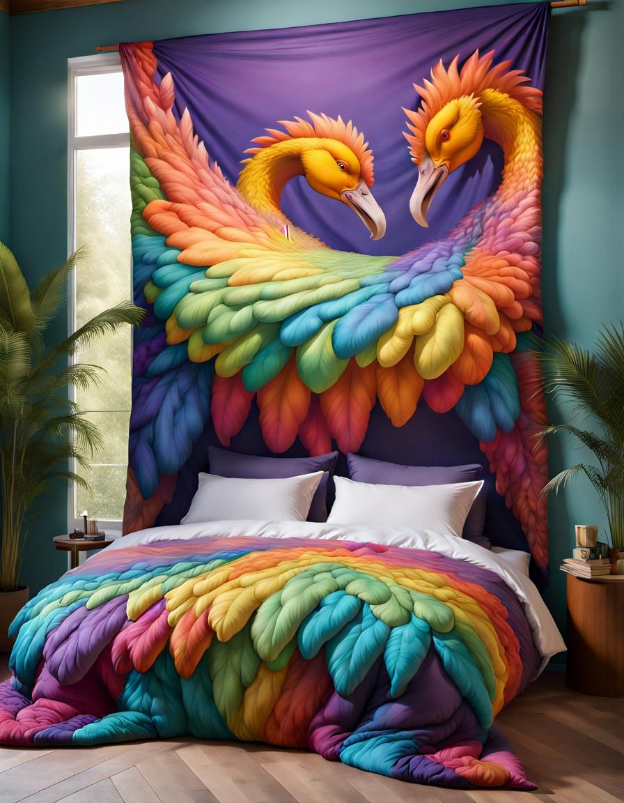 Psychedelic Dodo Plumage on Fantasy Bedroom Bed
