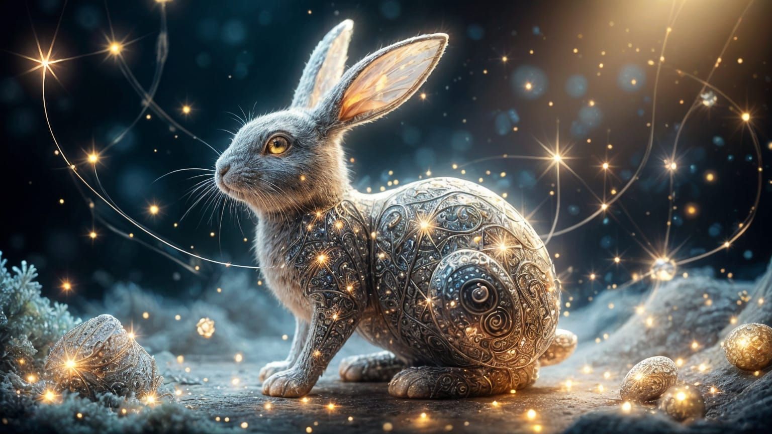 Cosmic Bunny Hatches from Silver Egg in Bismuth Style