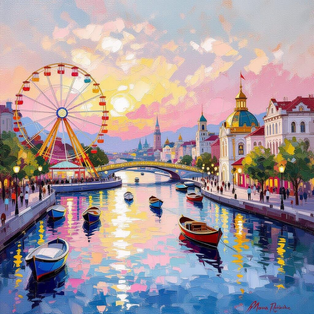 Metamodern Amusement Park Painting with Gold Accents