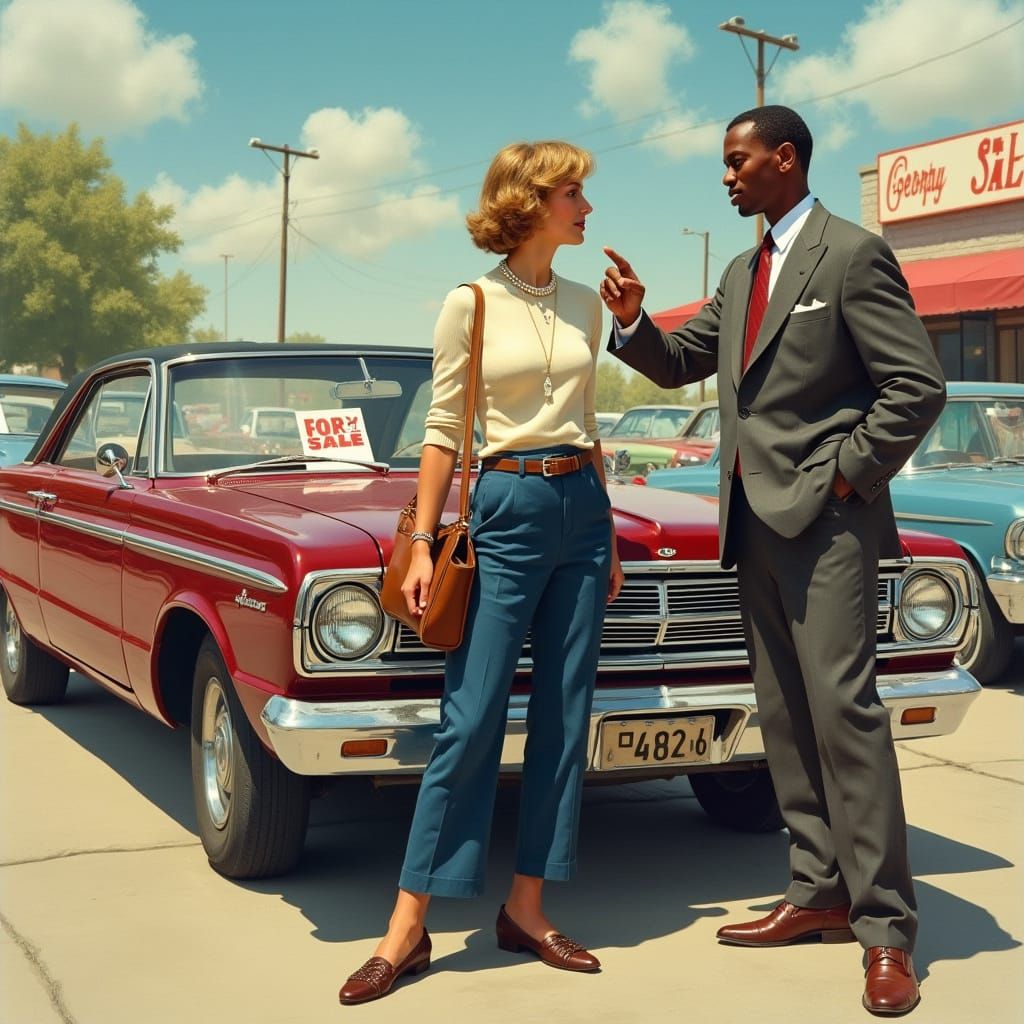Woman Admiring Car on Used Car Lot, Rockwell Style