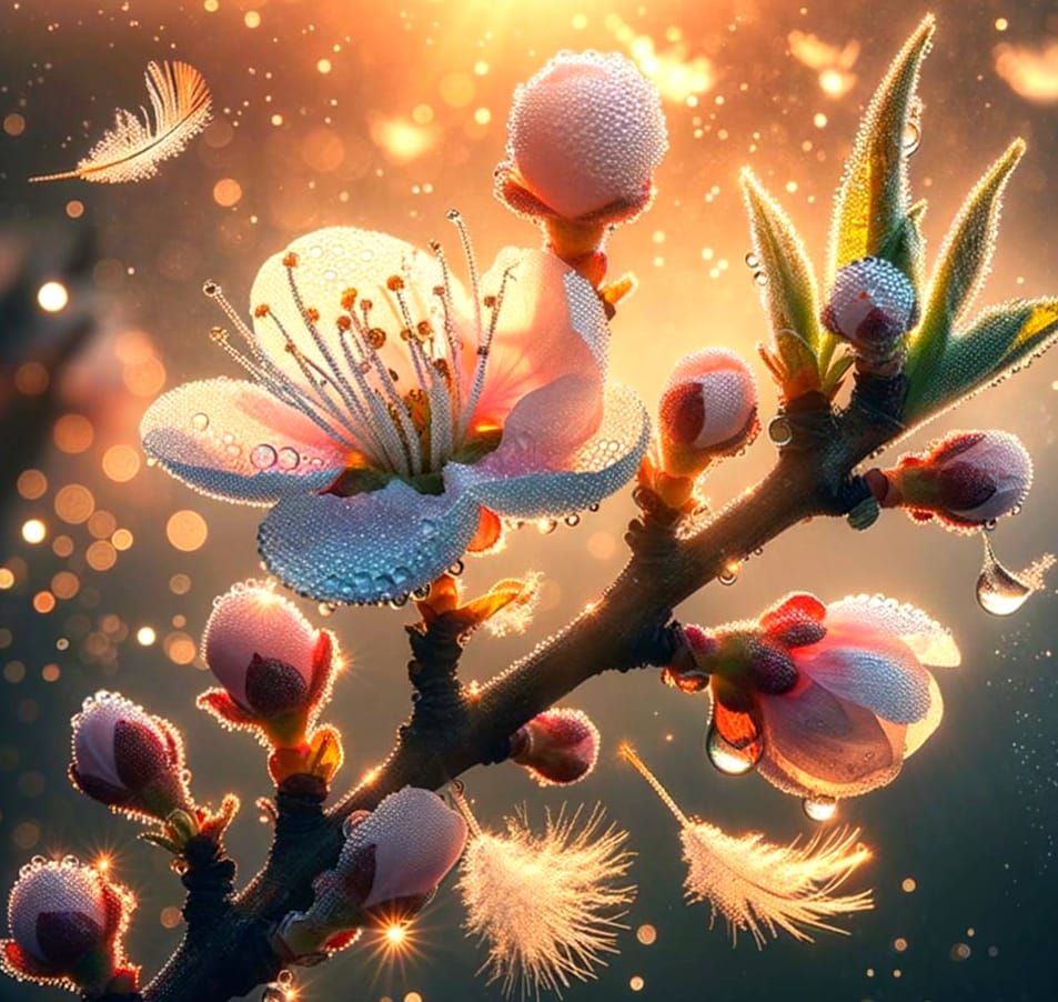 Dewy Peach Blossom in Gentle Dawn Light