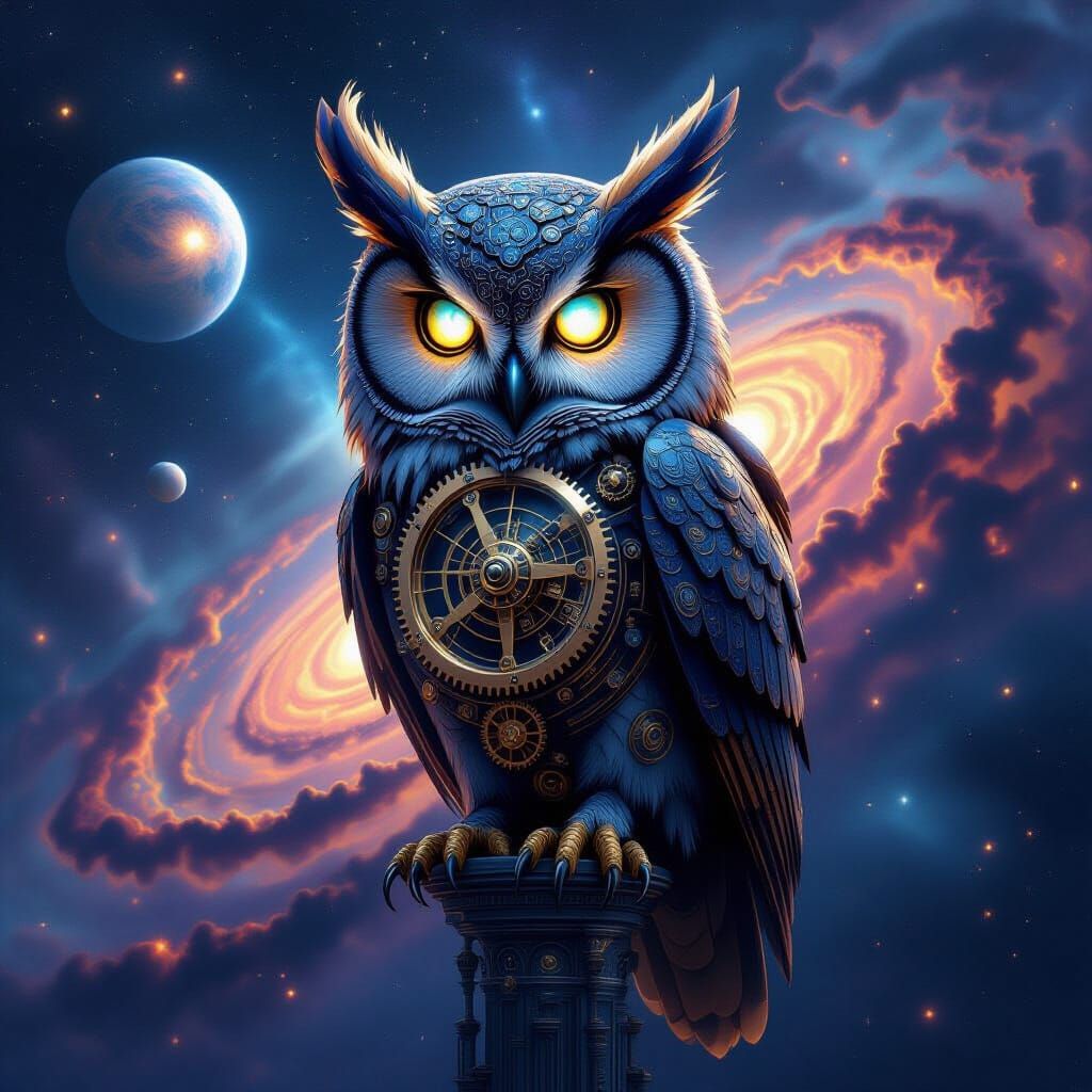 Clockwork Owl on Cosmic Nebula in Surreal Biomechanical Styl...