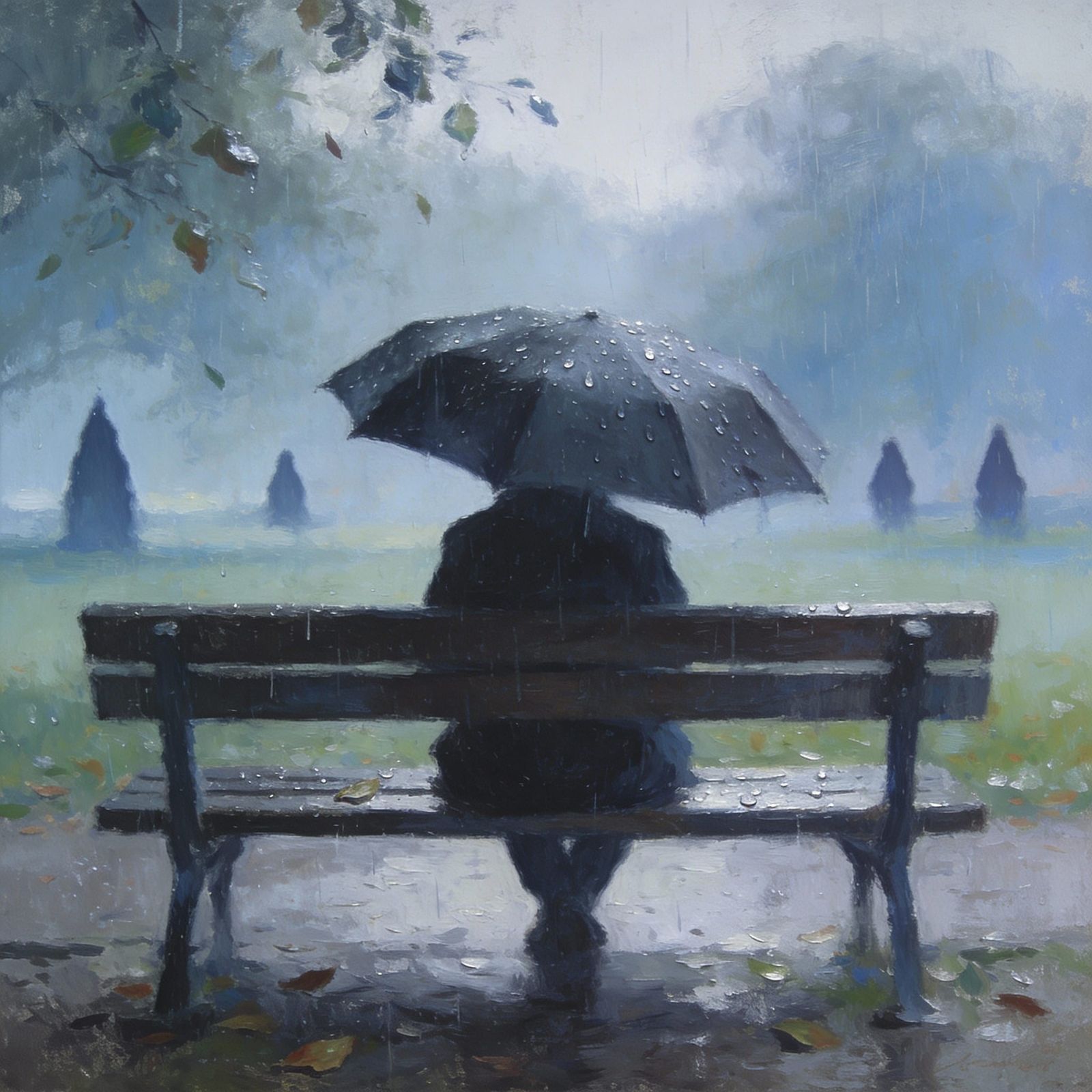 Solitary Figure Under Umbrella in Rainy Park