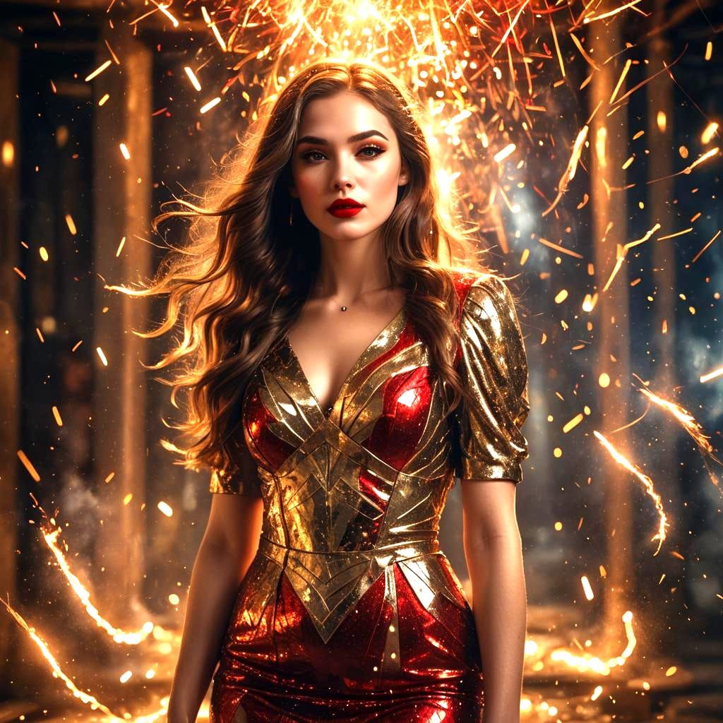 Smiling Girl in Golden Red Dress: Detailed Matte Painting