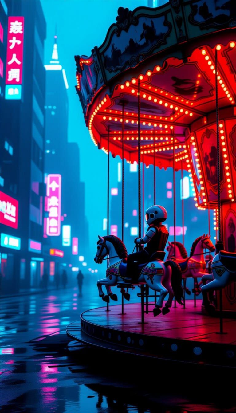 Abandoned Carousel in Futuristic Metropolis
