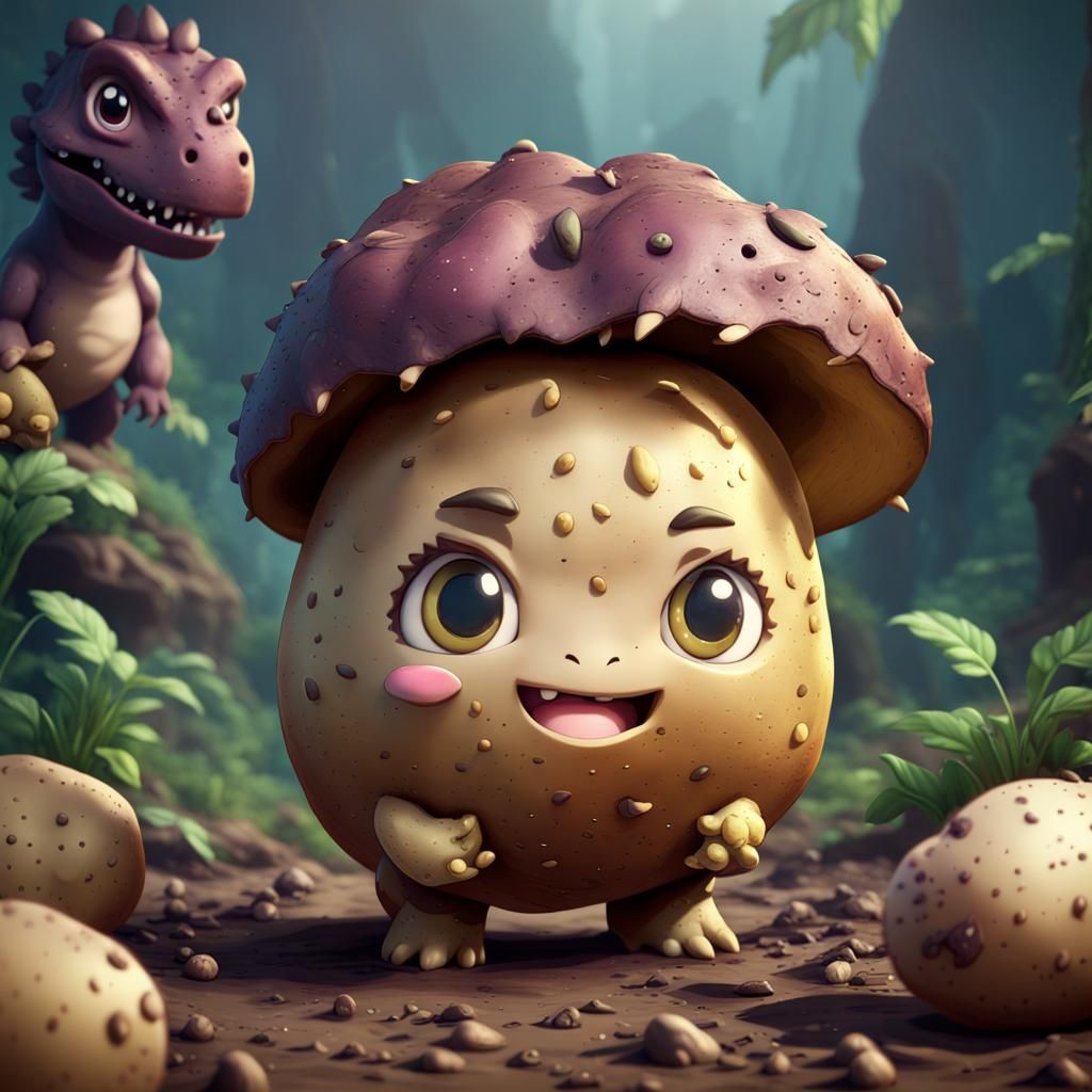 Chibi Potato Dinosaur Character in Detailed Matte Painting