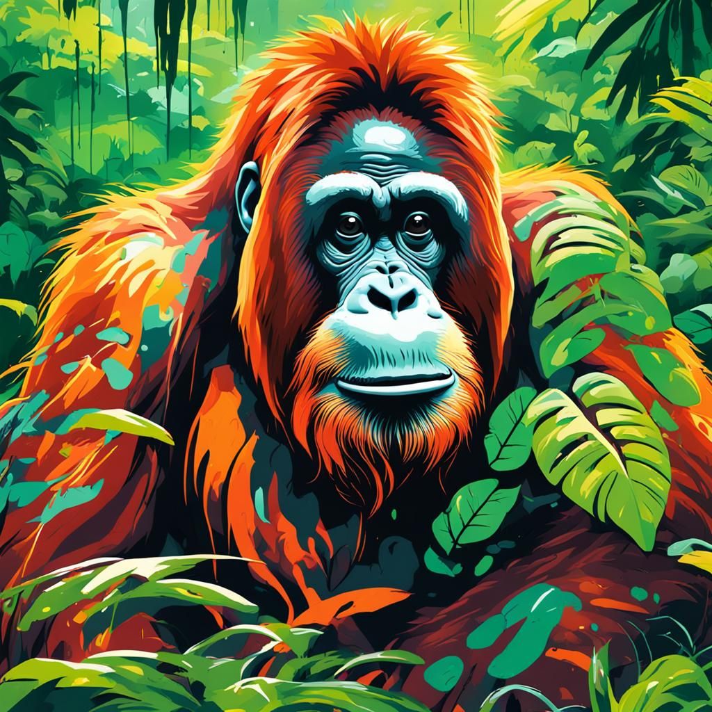 Orangutan in Lush Forest, Graffiti Art Style