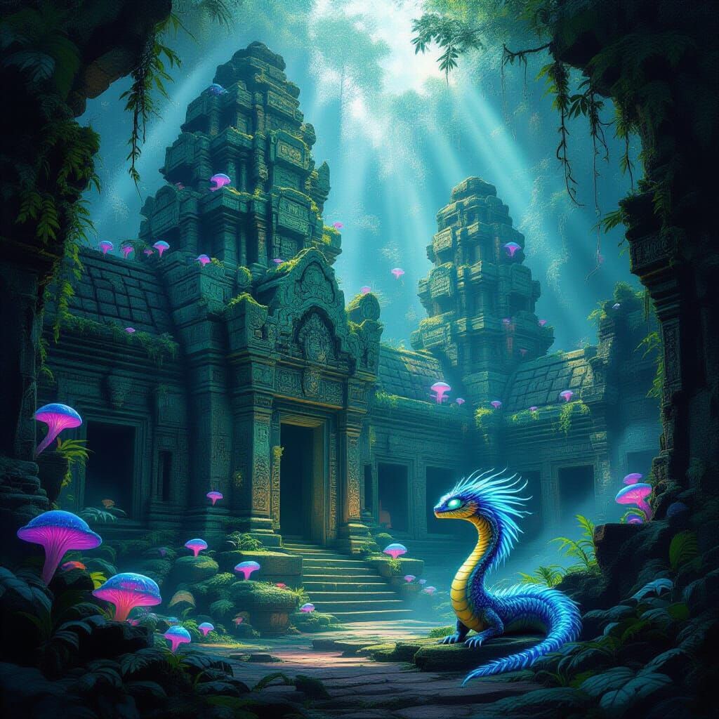 Ancient Temple with Phosphorescent Flora and Feathered Serpe...