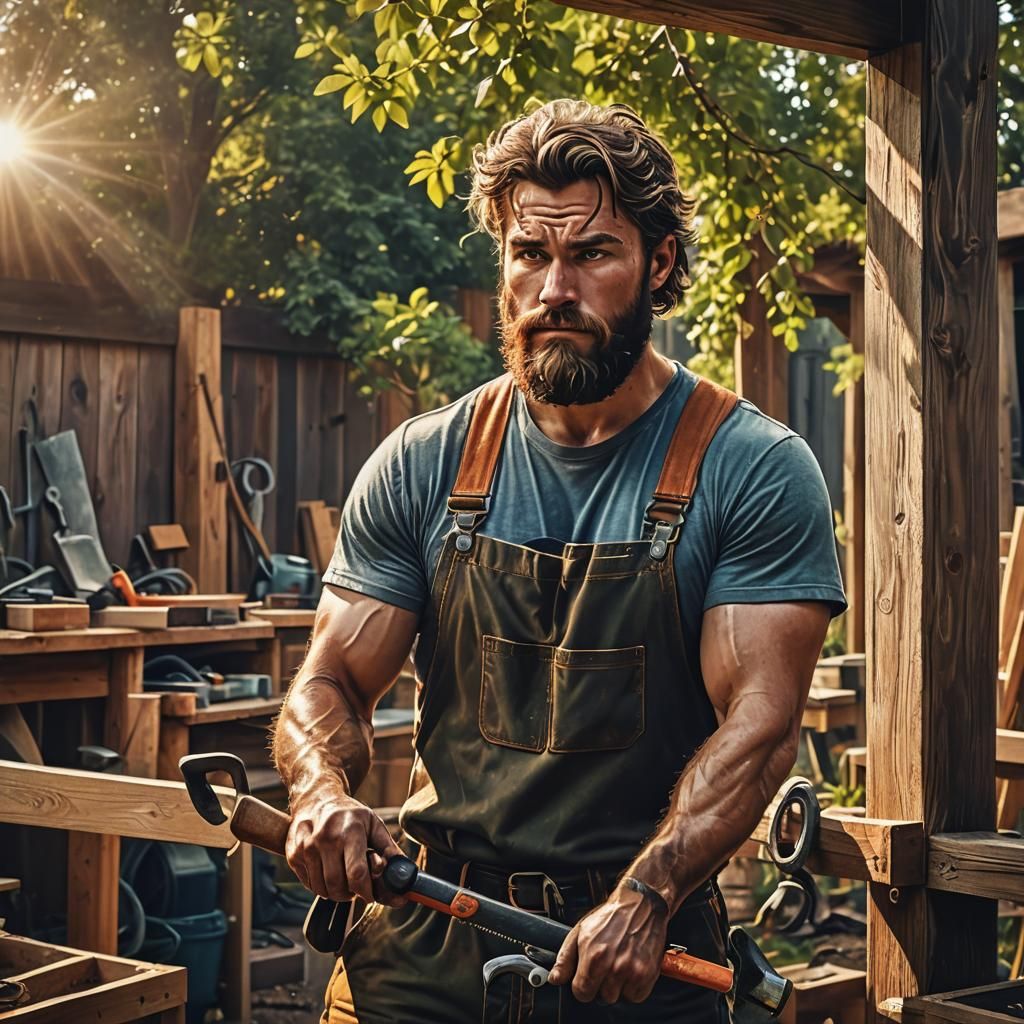 Hyper-Realistic Handyman Working in Backyard