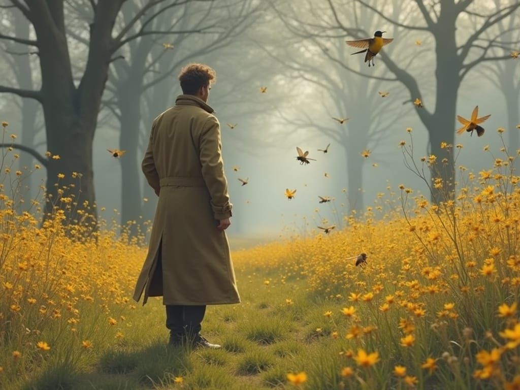 A Man in Earth-Toned Coat Amidst Majestic Trees and Vibrant ...
